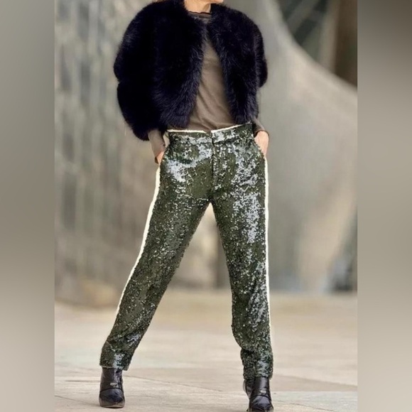 ZARA ZW Collection Sequin Trouser Pant Frayed Ivory Trim Women’s Size Small NWOT - Picture 1 of 10
